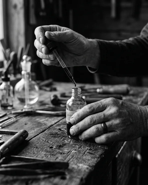 Hands adding a drop from a pipette to a small bottle on a wooden workbench