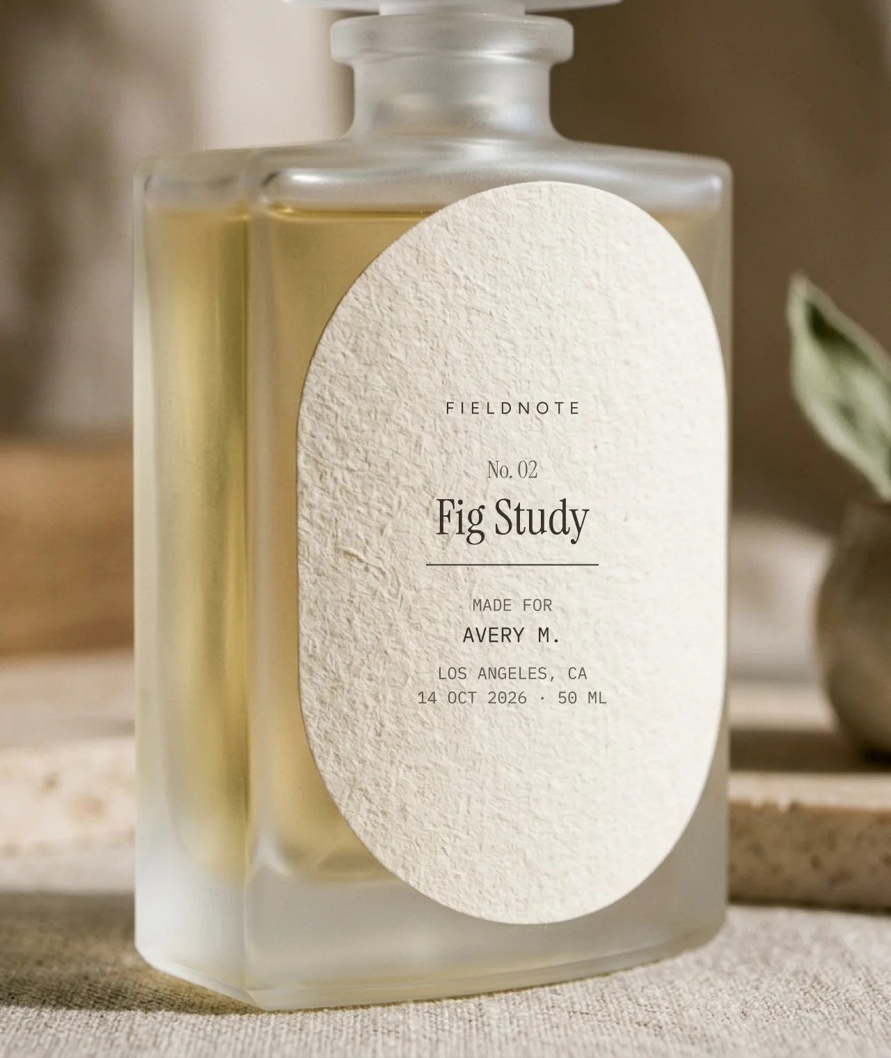 Example label: Fig Study, made for Avery M., Los Angeles, CA, 14 Oct 2026, 50 ml