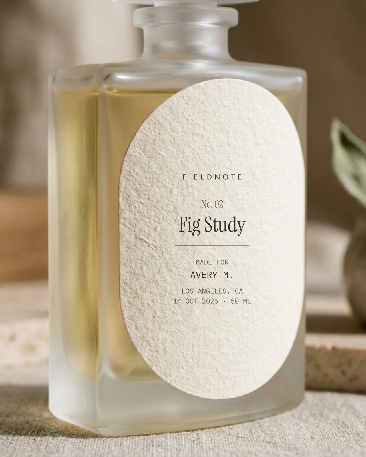Example label on a Fig Study bottle: Made for Avery M., Los Angeles, CA, 14 Oct 2026, 50 ml