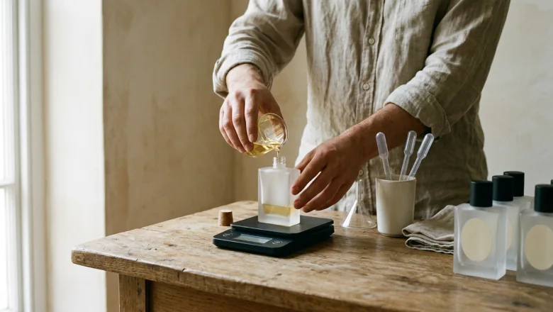 Pouring fragrance into a bottle on a scale at the bench