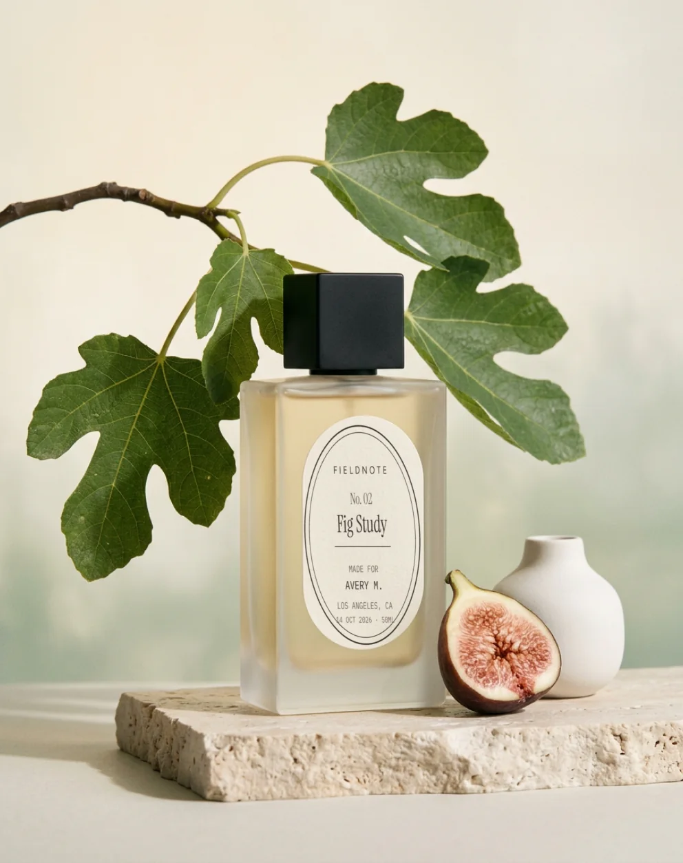 Fig Study on a stone slab under a fig branch, with a split fig and a small white vase
