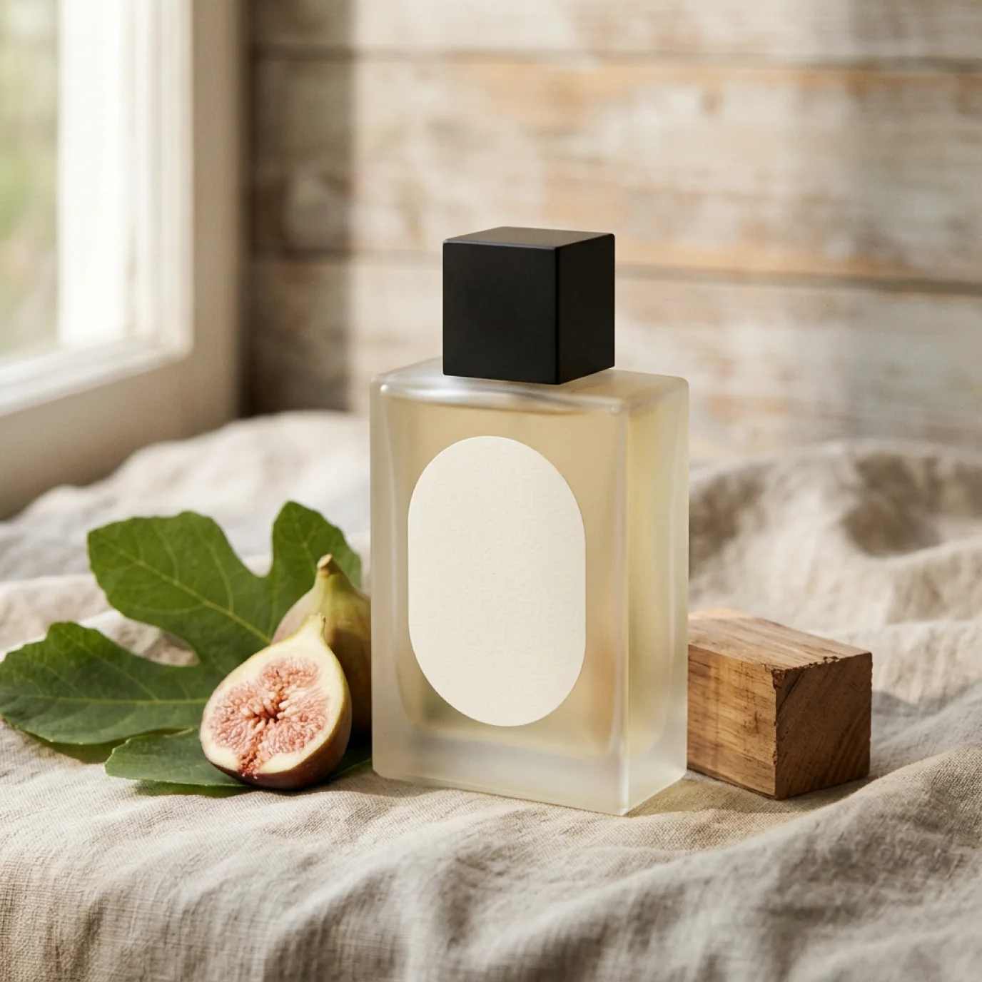 Fig Study eau de parfum, a frosted bottle by a window with a fig leaf, a split fig and a block of cedar