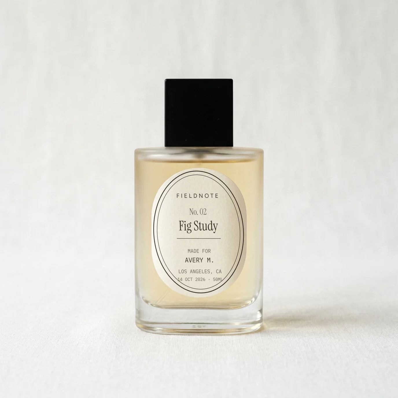 Fig Study eau de parfum, 50 ml bottle with an oval label made for Avery M., Los Angeles, CA