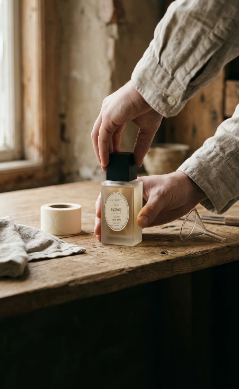 Hands setting the cap on a freshly labeled Fig Study bottle at the workbench