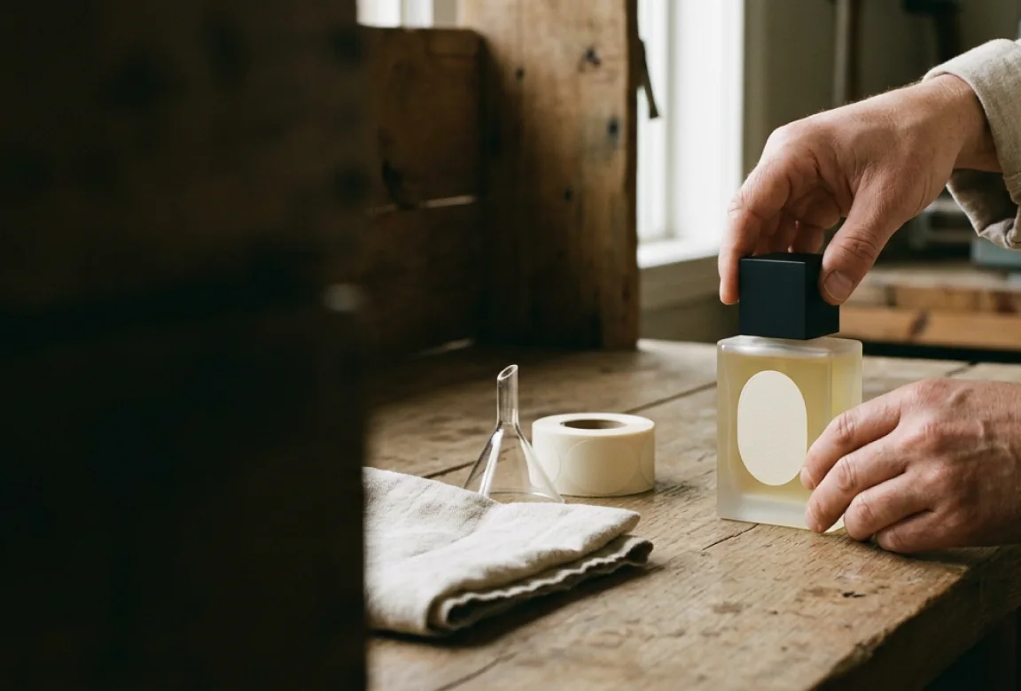 Hands setting the cap on a freshly labeled Fig Study bottle at the workbench