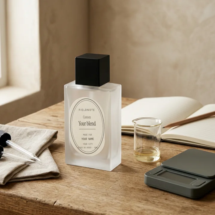 A custom Fieldnote bottle on a workbench next to a notebook and a scale