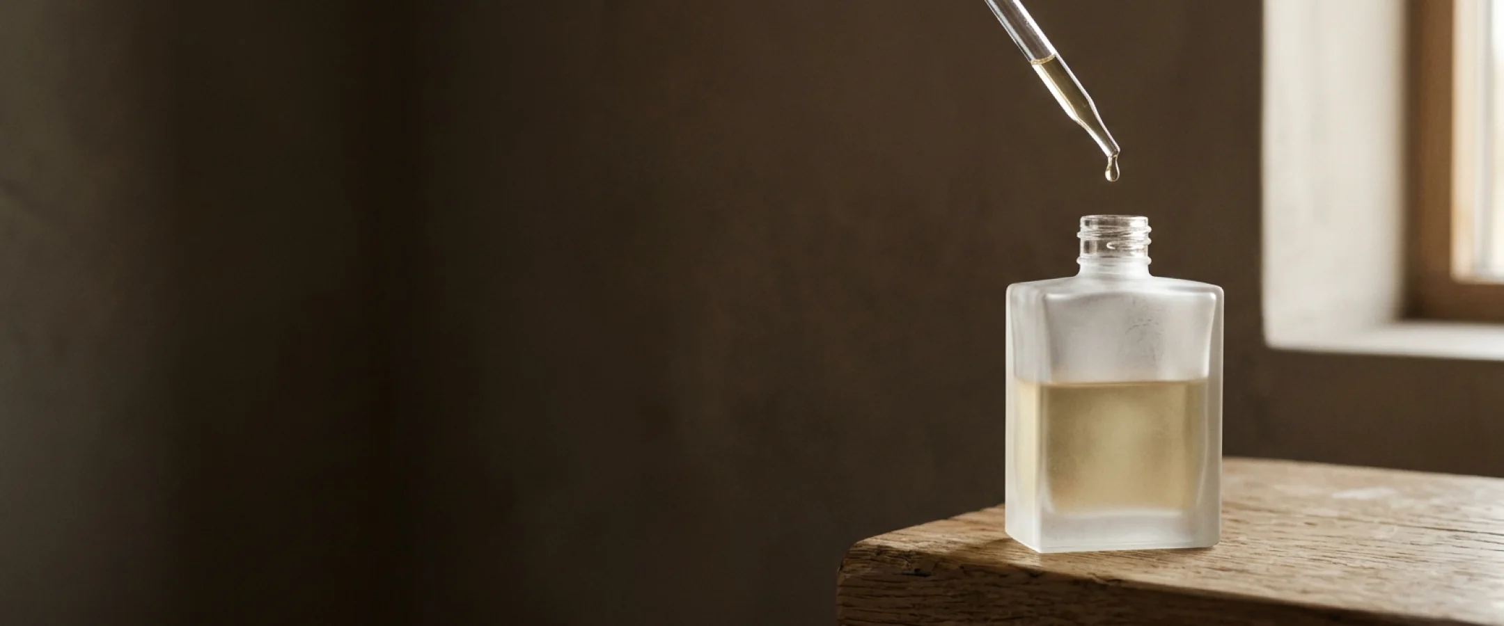 A pipette letting a drop fall into a frosted glass bottle on a wooden stool
