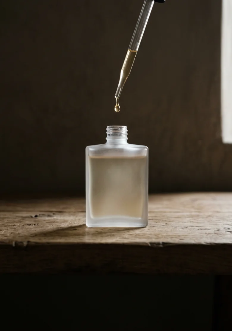 A pipette letting a drop fall into a frosted glass bottle on a wooden stool