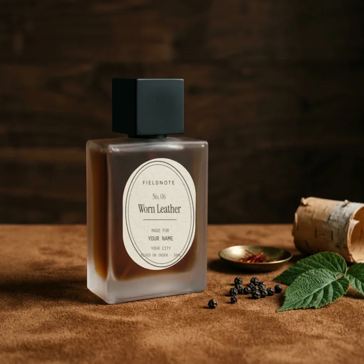 Worn Leather eau de parfum, a frosted bottle with an oval Fieldnote label
